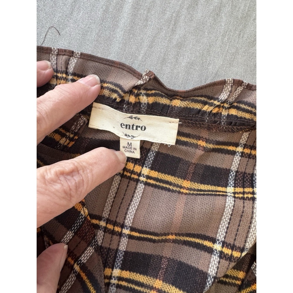 Entro Womens Sz M Brown Plaid Peplum Tunic Cottagecore‎ - Picture 3 of 8